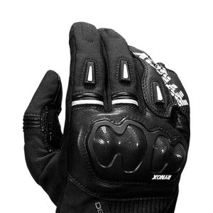 Motodrift Rynox Delta GT black leather motorcycle riding gloves with TPU knuckle protection and semi-gauntlet design