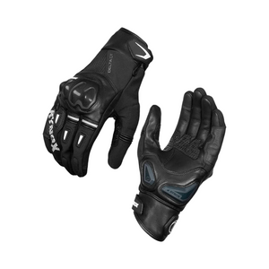 Motodrift Rynox Delta GT black leather semi-gauntlet motorcycle riding gloves with TPU knuckle and palm protection.