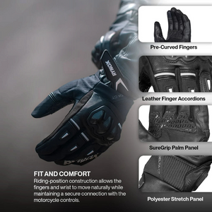 Motodrift Rynox Delta GT black leather motorcycle riding gloves with knuckle protection and pre-curved fingers