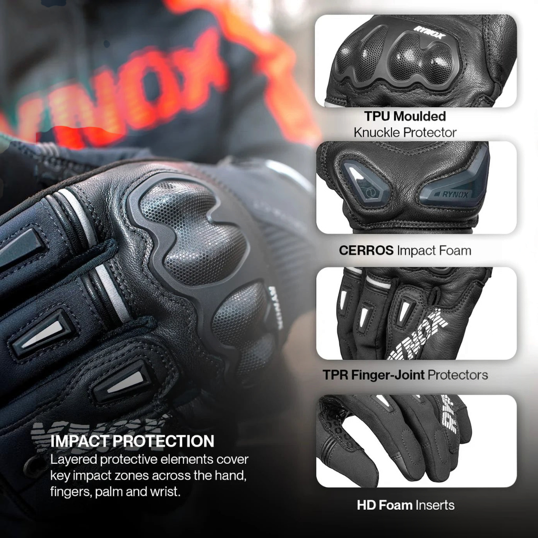 Motodrift Rynox Delta GT black leather motorcycle riding gloves featuring TPU knuckle and finger impact protectors