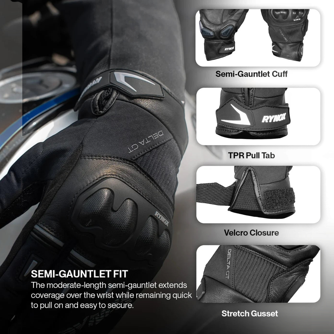 Motodrift Rynox Delta GT black leather semi-gauntlet motorcycle riding gloves with TPU knuckle and wrist protection