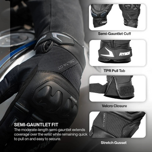 Motodrift Rynox Delta GT black leather semi-gauntlet motorcycle riding gloves with TPU knuckle and wrist protection