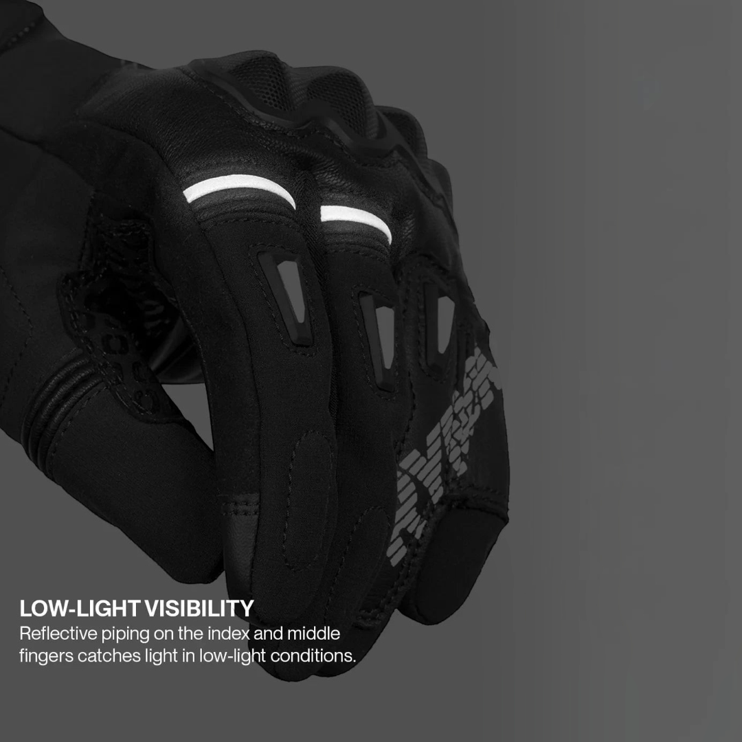 Motodrift Rynox Delta GT motorcycle gloves featuring reflective piping on fingers for low-light visibility