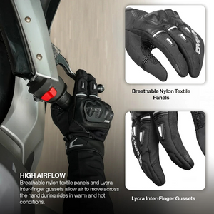 Motodrift Rynox Delta GT black motorcycle riding gloves featuring TPU knuckle protection and breathable nylon panels