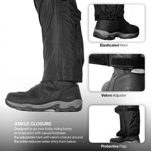 Motodrift Rynox H2Go Pro 2 black waterproof rain pants showing adjustable velcro ankle closure over riding boots