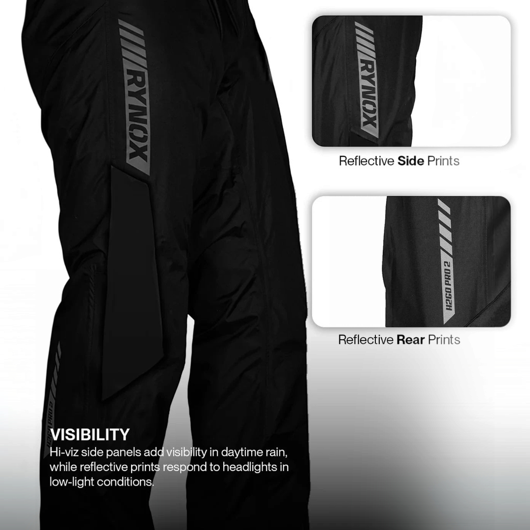Motodrift Rynox H2Go Pro 2 black waterproof rain pants featuring reflective side and rear branding for high visibility