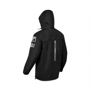 Motodrift Rynox H2Go Pro 4 black waterproof motorcycle rain jacket with reflective branding and rear exhaust vent