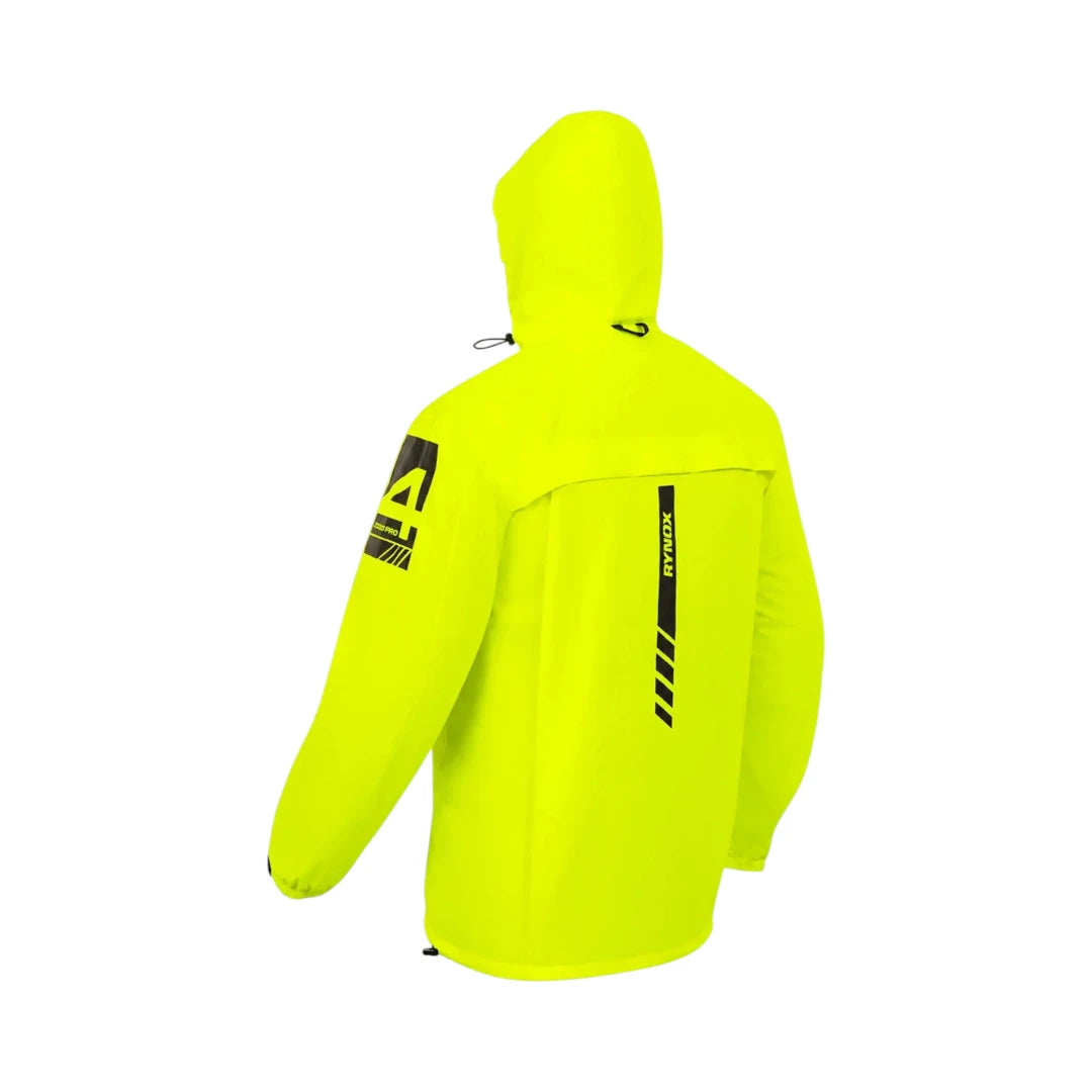 Motodrift Rynox H2Go Pro 4 neon yellow waterproof motorcycle rain jacket, back view with reflective branding