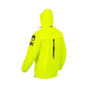 Motodrift Rynox H2Go Pro 4 neon yellow waterproof motorcycle rain jacket, back view with reflective branding