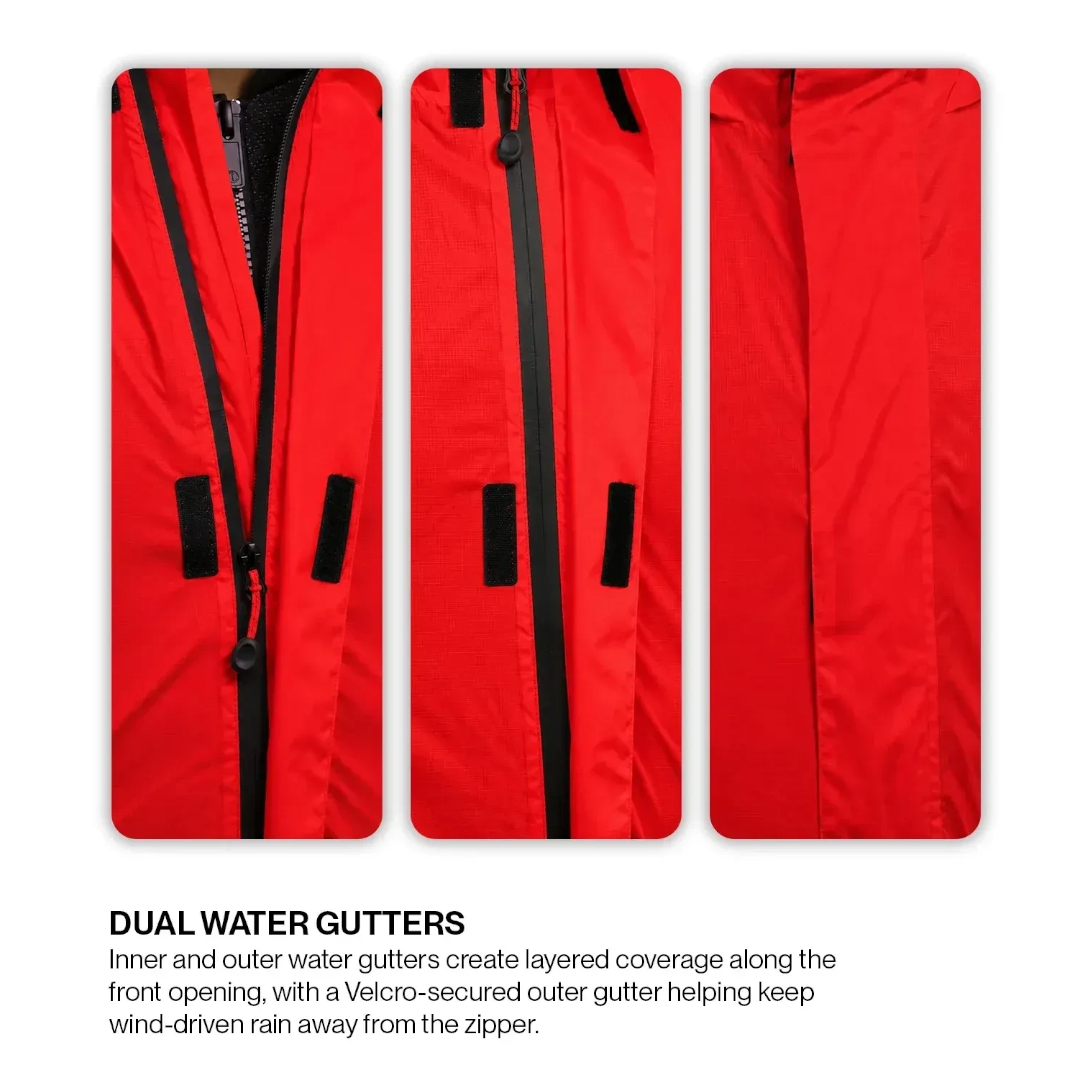 Motodrift Rynox H2Go Pro 4 motorcycle rain jacket showing the dual water gutter system and Velcro-secured front flap