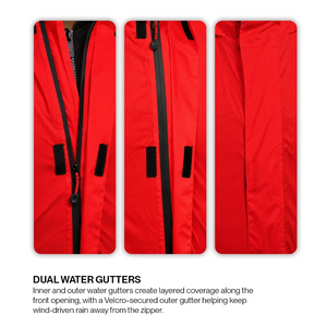 Motodrift Rynox H2Go Pro 4 motorcycle rain jacket showing the dual water gutter system and Velcro-secured front flap