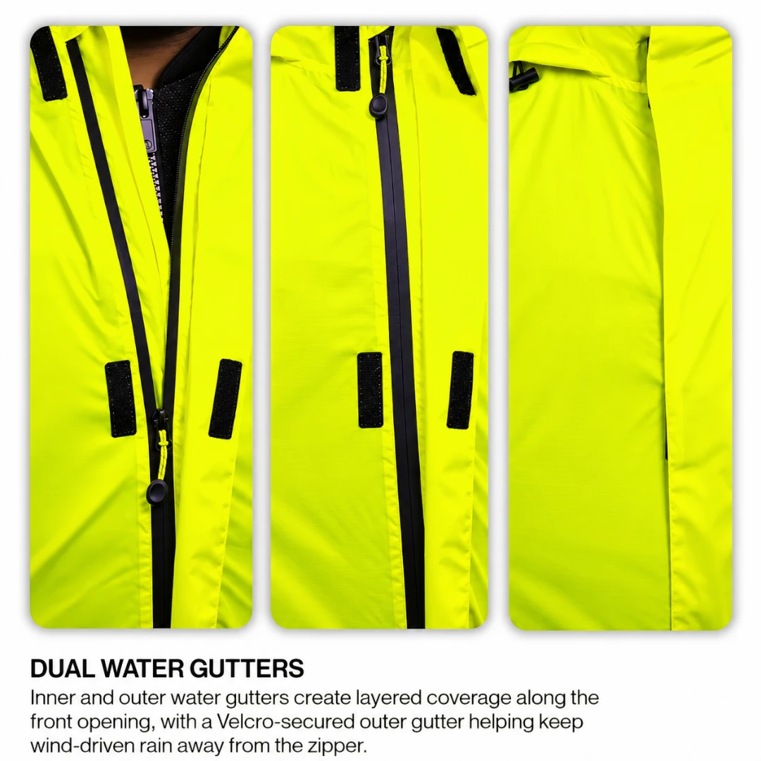 Motodrift Rynox H2Go Pro 4 neon yellow motorcycle rain jacket showing the DryCore WR zipper and dual water gutters