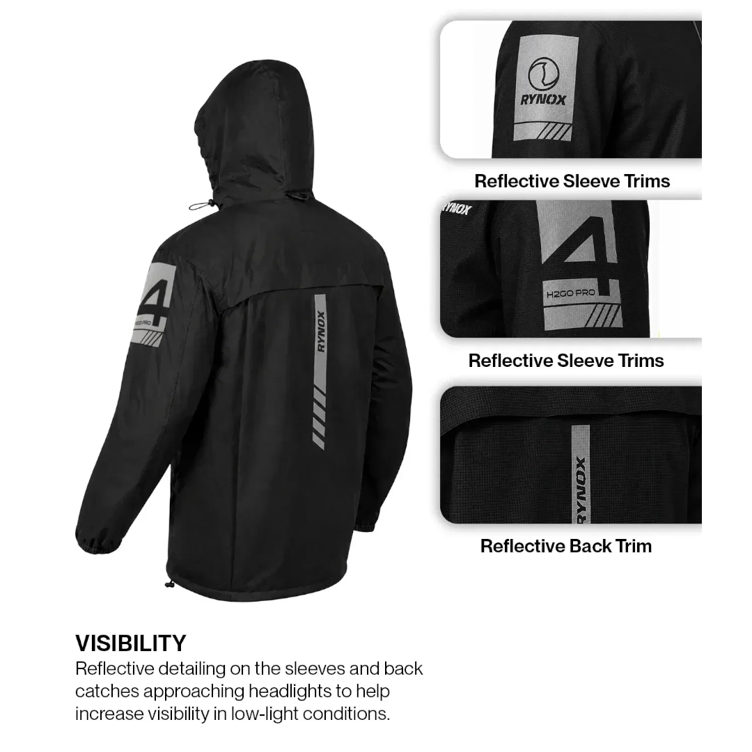 Motodrift Rynox H2Go Pro 4 black waterproof motorcycle rain jacket with reflective sleeve and back trim details