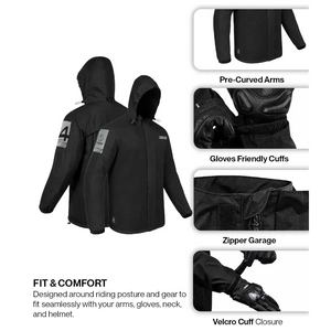 Motodrift Rynox H2Go Pro 4 black waterproof motorcycle rain jacket with hood, reflective details, and adjustable cuffs