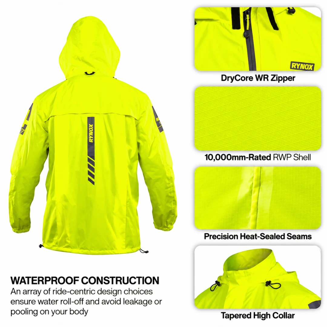 Motodrift Rynox H2Go Pro 4 neon yellow waterproof motorcycle rain jacket with reflective details and heat-sealed seams.