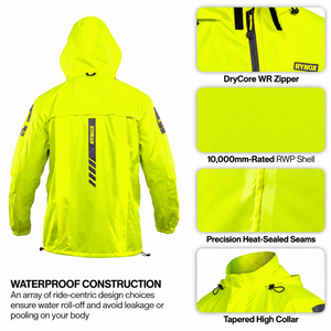 Motodrift Rynox H2Go Pro 4 neon yellow waterproof motorcycle rain jacket with reflective details and heat-sealed seams.