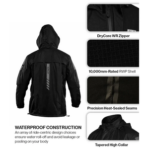 Motodrift Rynox H2Go Pro 4 black waterproof motorcycle rain jacket with heat-sealed seams and reflective details