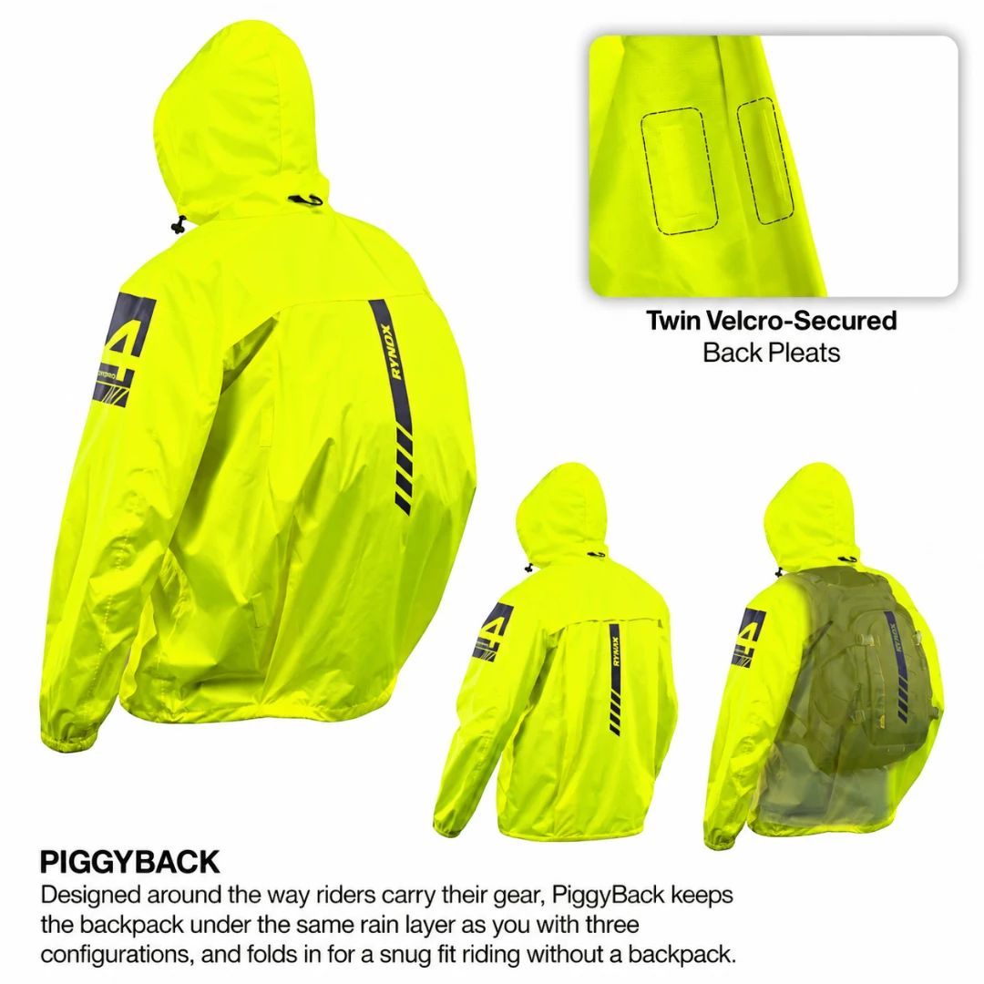 Motodrift Rynox H2Go Pro 4 neon yellow waterproof motorcycle rain jacket with reflective details and backpack coverage
