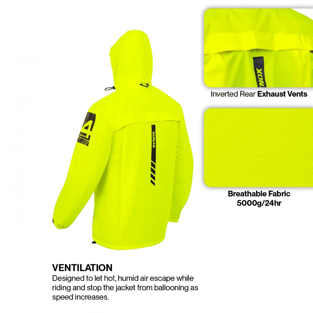 Motodrift Rynox H2Go Pro 4 neon yellow waterproof motorcycle rain jacket with rear exhaust vents and reflective details