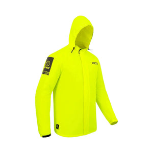 Motodrift Rynox H2Go Pro 4 neon yellow waterproof motorcycle rain jacket with hood and reflective branding