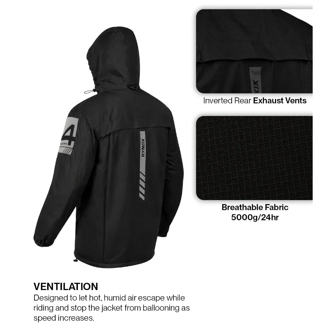 Motodrift Rynox H2Go Pro 4 black waterproof motorcycle rain jacket with rear exhaust vents and reflective detailing