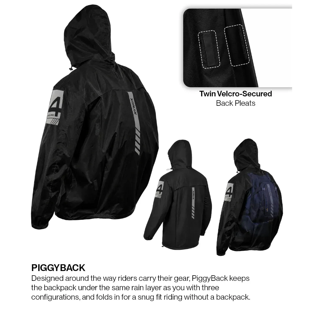 Motodrift Rynox H2Go Pro 4 black waterproof motorcycle rain jacket with reflective details and piggyback feature