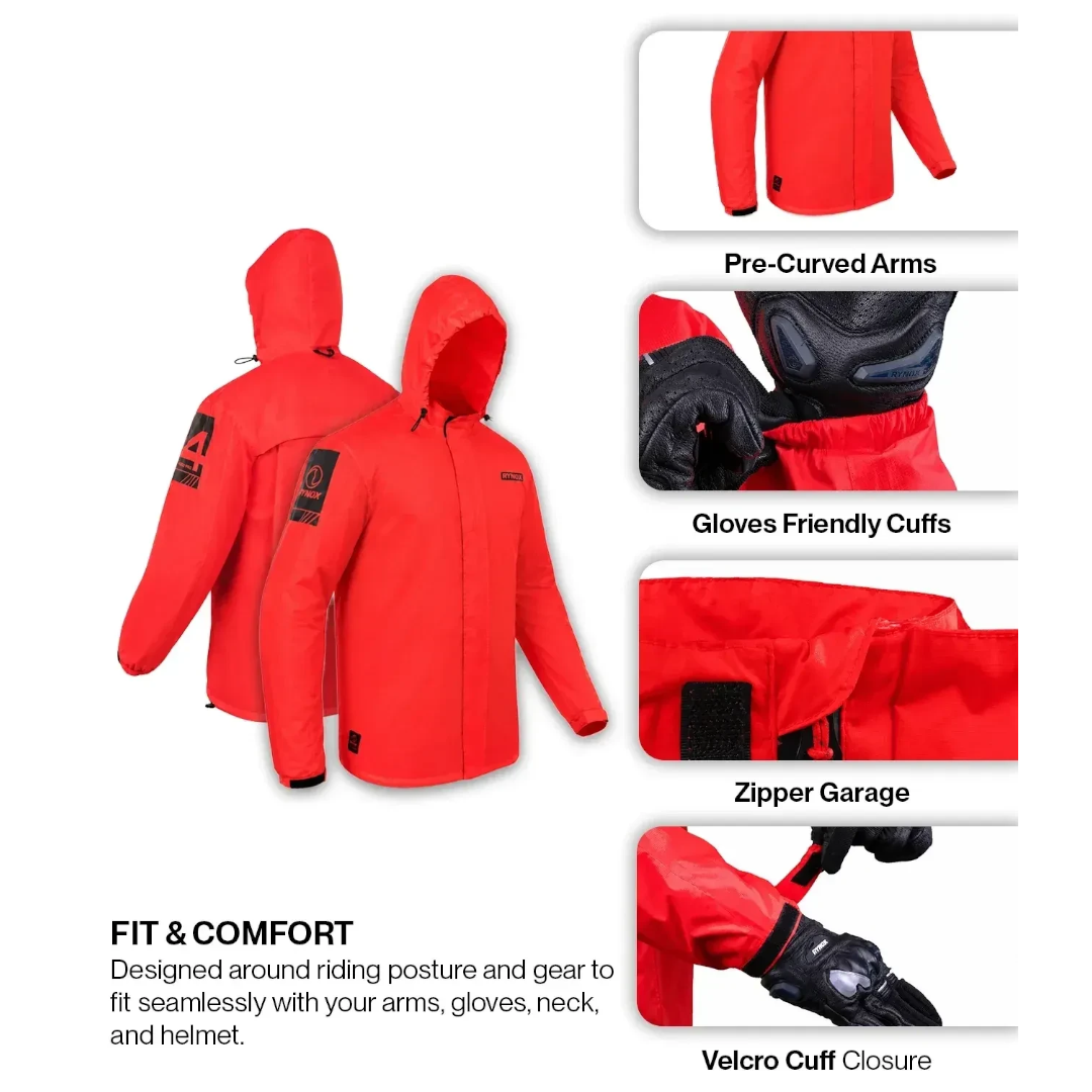 Motodrift Rynox H2Go Pro 4 red waterproof motorcycle rain jacket with pre-curved arms and adjustable velcro cuffs