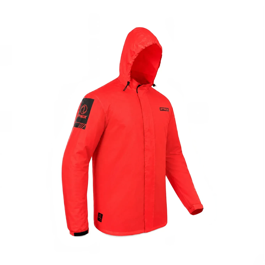 Motodrift Rynox H2Go Pro 4 waterproof red motorcycle rain jacket with hood and reflective branding details