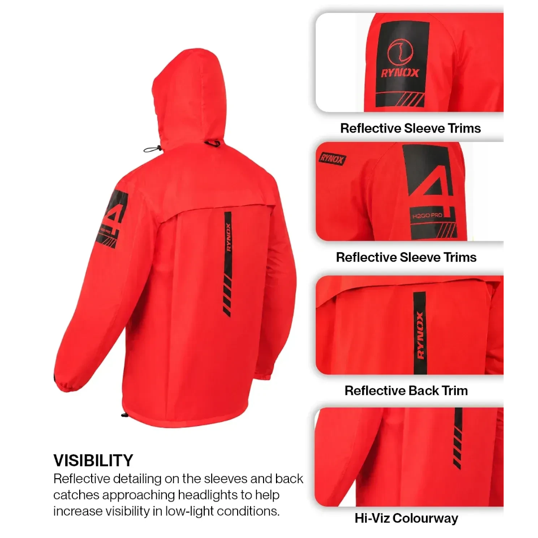 Motodrift Rynox H2Go Pro 4 red waterproof motorcycle rain jacket with reflective sleeve and back trims