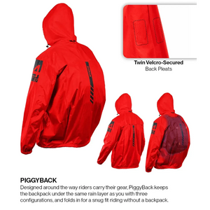 Motodrift Rynox H2Go Pro 4 red waterproof motorcycle rain jacket with hood, back pleats, and backpack compatibility.