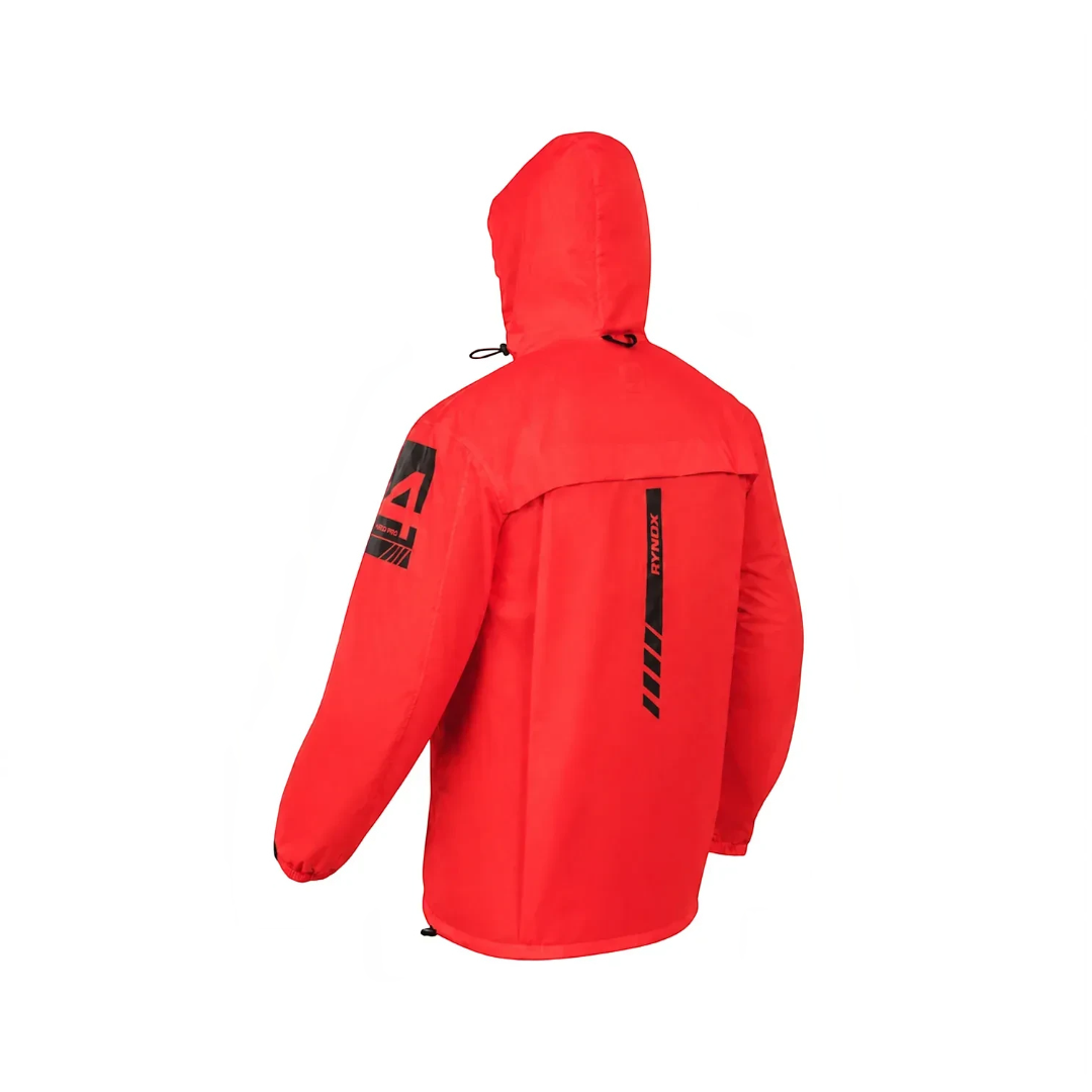 Motodrift Rynox H2Go Pro 4 waterproof motorcycle rain jacket in bright red with a hood and rear exhaust vent