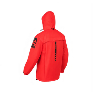 Motodrift Rynox H2Go Pro 4 waterproof motorcycle rain jacket in bright red with a hood and rear exhaust vent