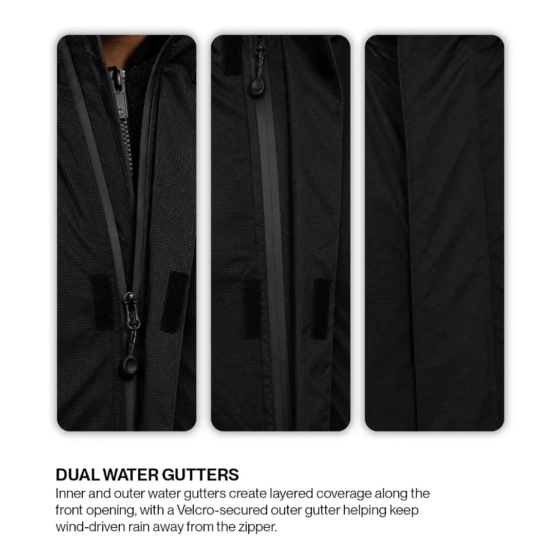 Motodrift Rynox H2Go Pro 4 motorcycle rain jacket featuring a black waterproof DryCore WR zipper and water gutters.