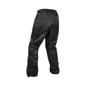 Motodrift Rynox H2GO PRO black waterproof motorcycle rain pants with neon yellow accents, rear view.