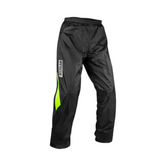 Motodrift Rynox H2GO PRO black waterproof motorcycle rain pants with high-visibility neon yellow side accents.