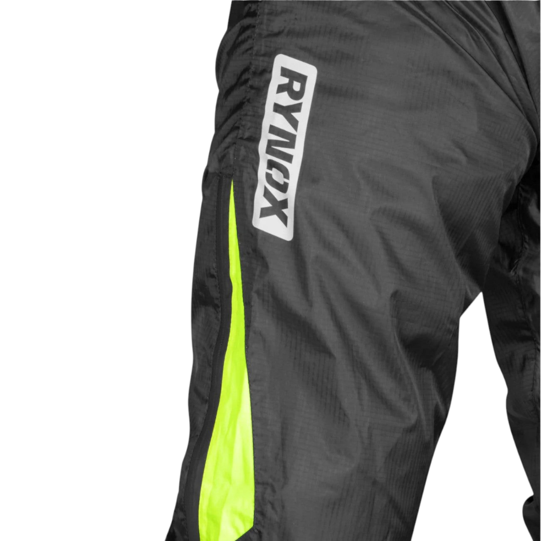 Motodrift Rynox H2GO PRO waterproof black rain pants with high-visibility yellow side panels and branding