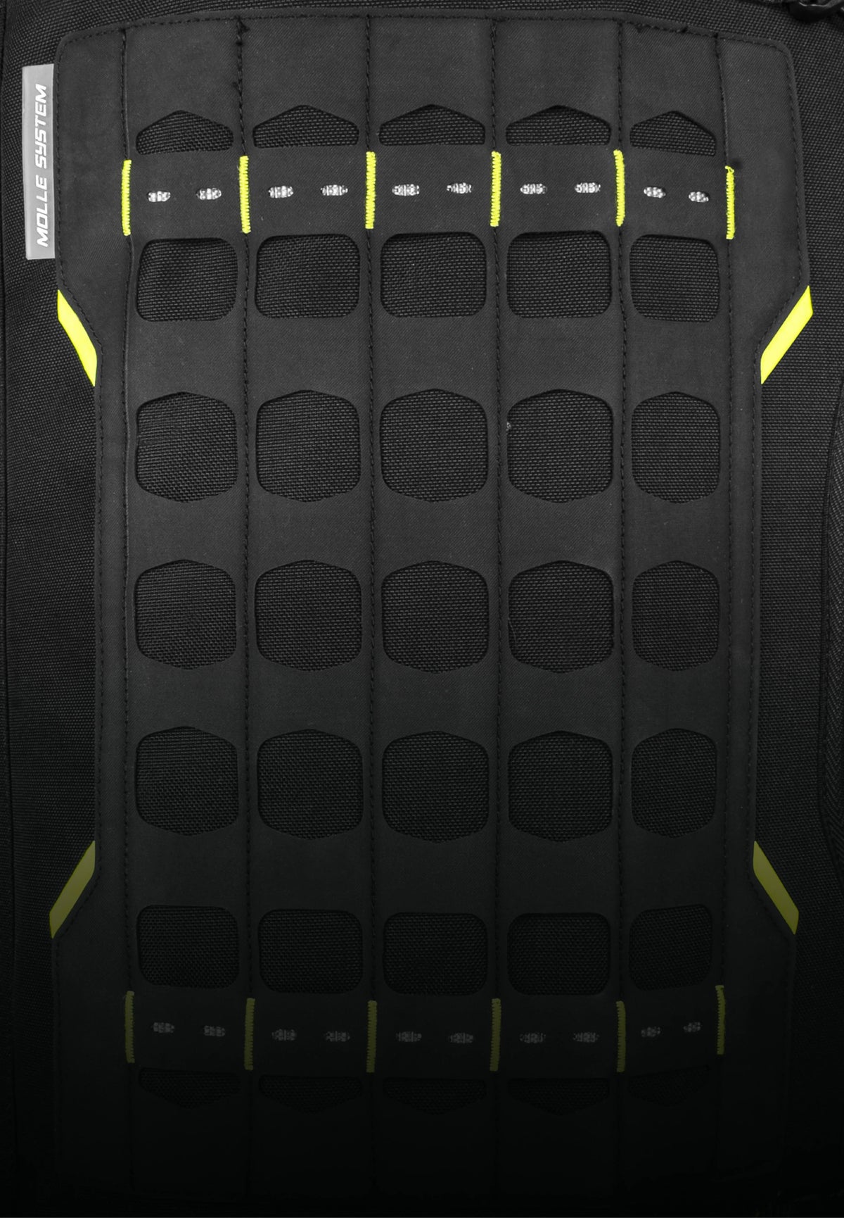 Motodrift Rynox Navigator 50L tail bag featuring a black Cordura MOLLE system panel with yellow accent stitching