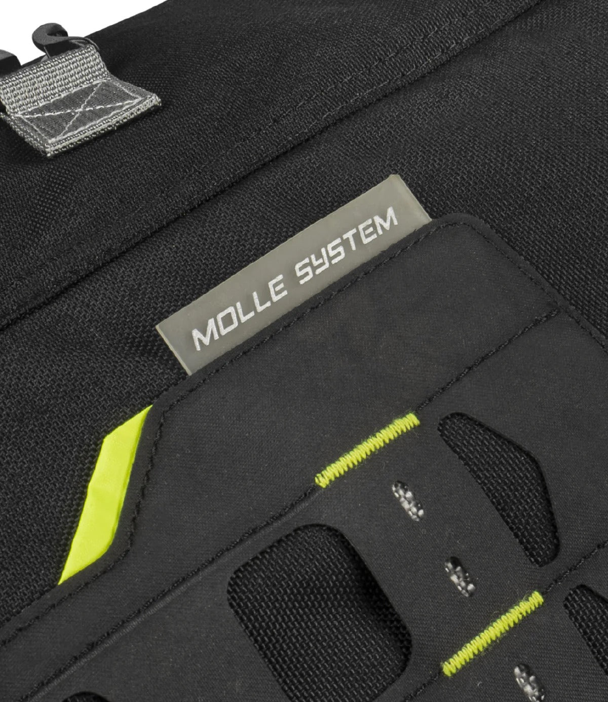 Motodrift Rynox Navigator 50L tail bag featuring a black Cordura fabric exterior with a MOLLE system attachment panel