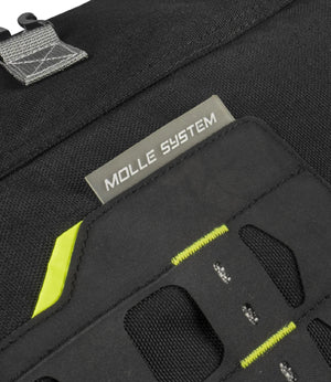 Motodrift Rynox Navigator 50L tail bag featuring a black Cordura fabric exterior with a MOLLE system attachment panel