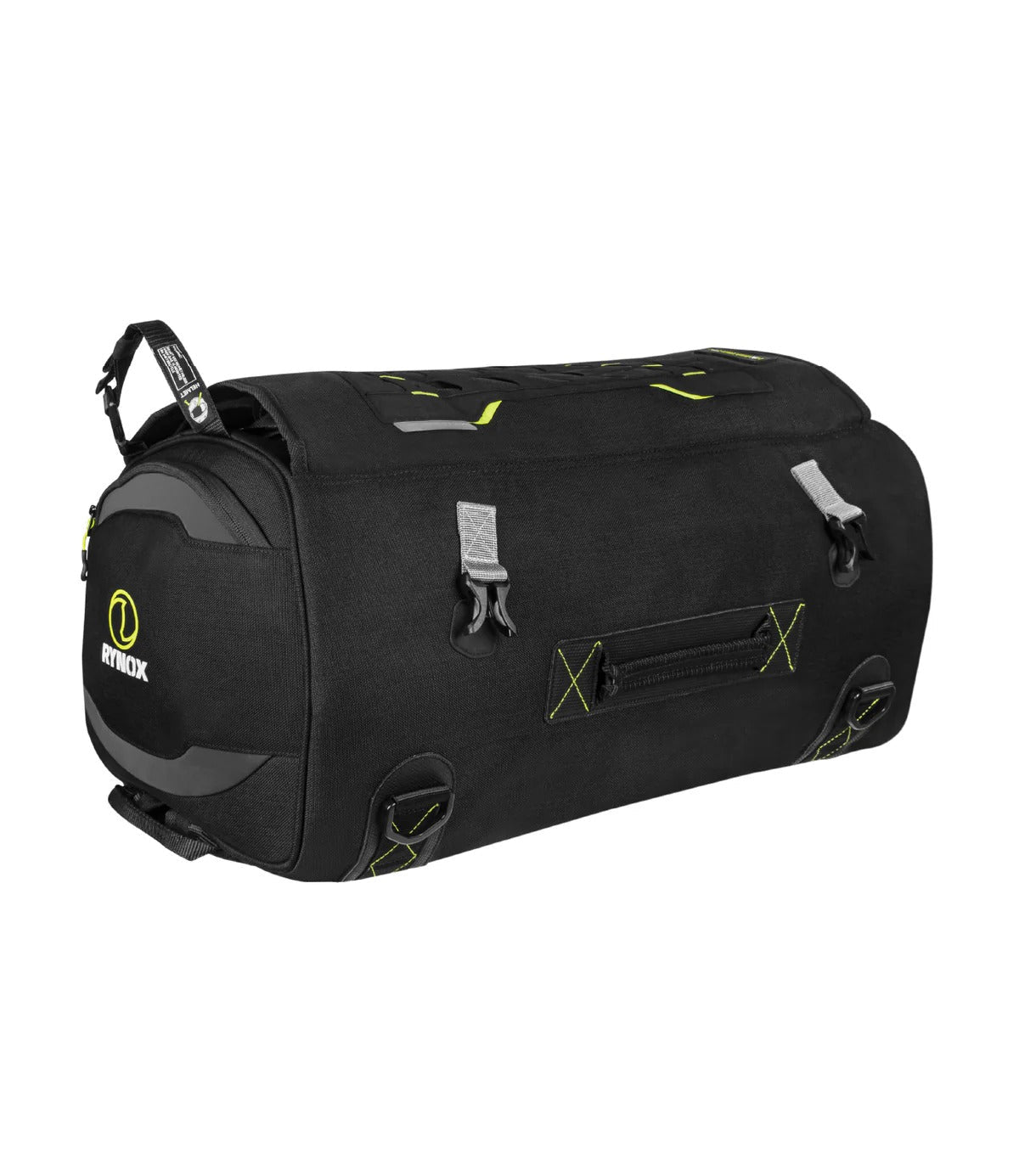 Motodrift Rynox Navigator 50L waterproof motorcycle tail bag in black Cordura with yellow accents and modular design