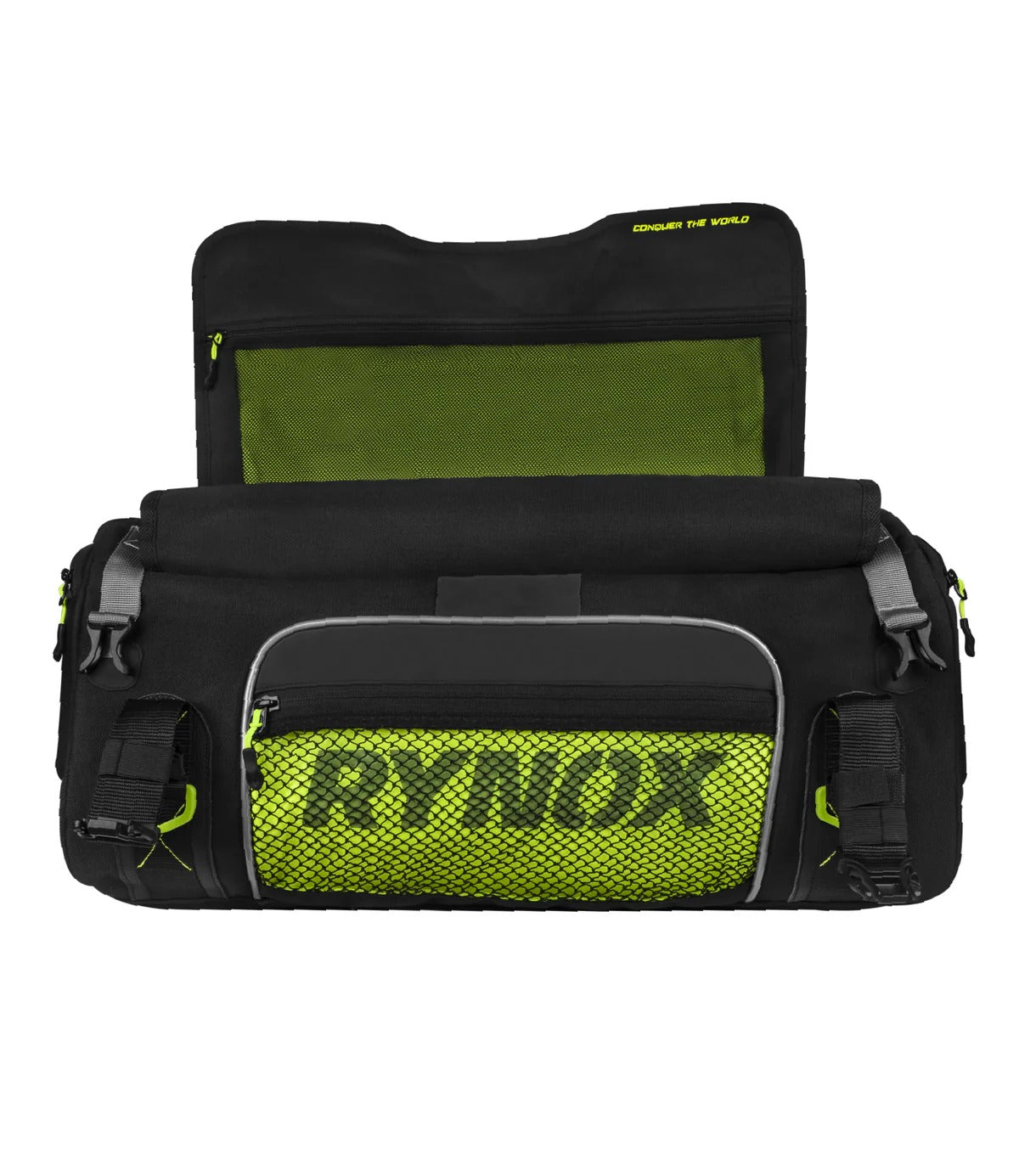 Motodrift Rynox Navigator 50L waterproof motorcycle tail bag with black Cordura shell and neon green accents