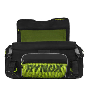 Motodrift Rynox Navigator 50L waterproof motorcycle tail bag with black Cordura shell and neon green accents