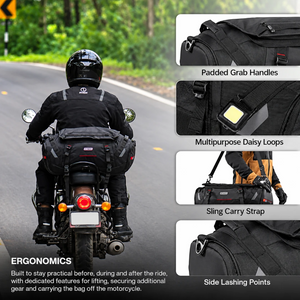 Motodrift Rynox Optimus 50L motorcycle tail bag mounted on a bike with ergonomic grab handles and daisy loops
