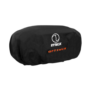 Motodrift Rynox Optimus 50L motorcycle tail bag covered in a black protective rain cover with branding