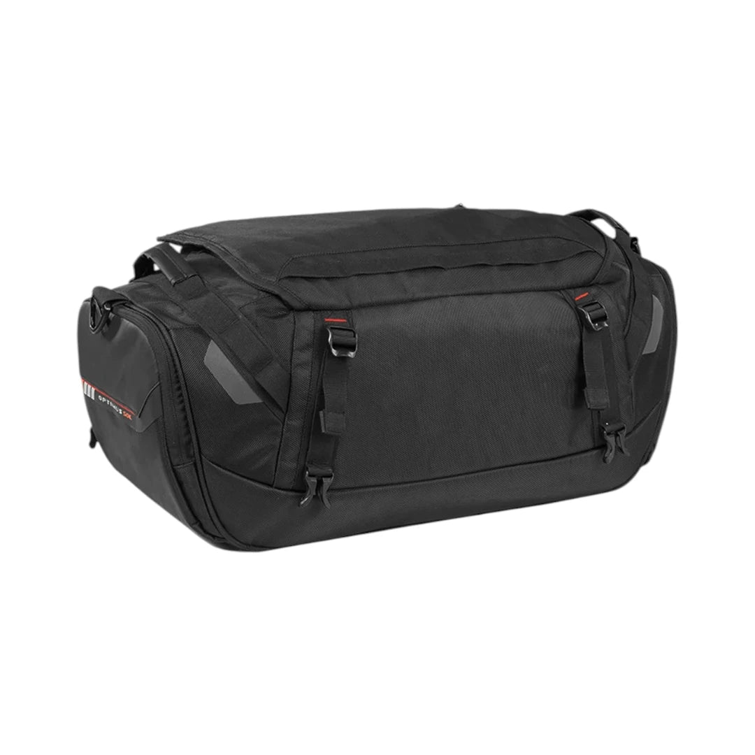 Motodrift Rynox Optimus 50L black motorcycle tail bag with durable polyester construction and compression straps