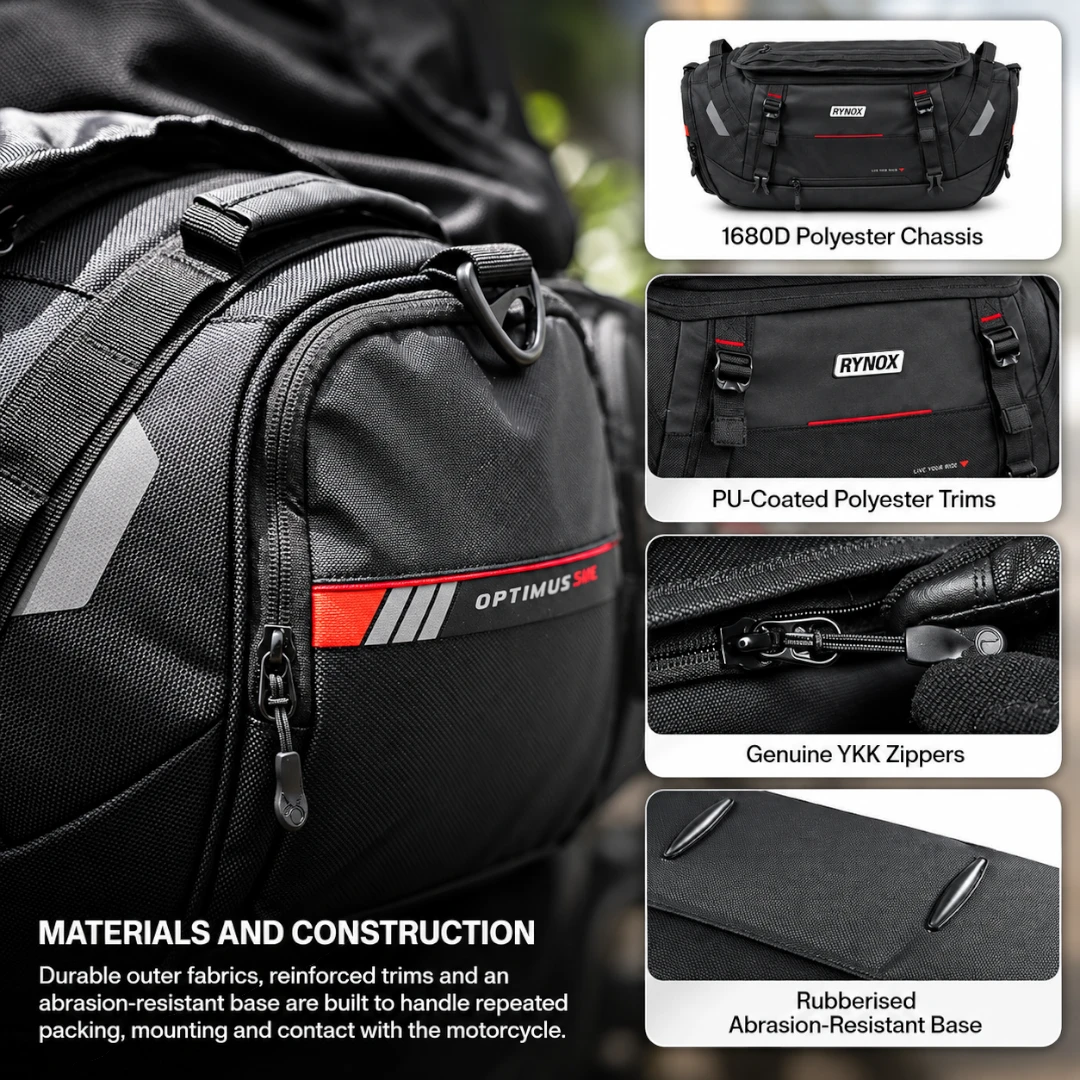 Motodrift Rynox Optimus 50L motorcycle tail bag featuring durable 1680D polyester, YKK zippers, and rubberised base.