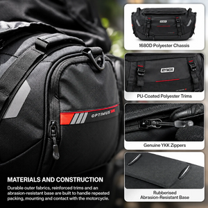 Motodrift Rynox Optimus 50L motorcycle tail bag featuring durable 1680D polyester, YKK zippers, and rubberised base.