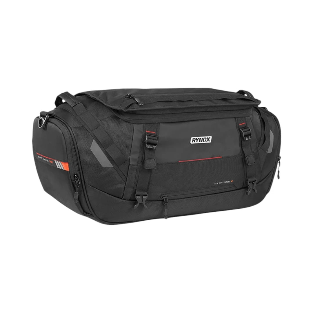 Motodrift Rynox Optimus 50L black motorcycle tail bag with durable polyester construction and compression straps