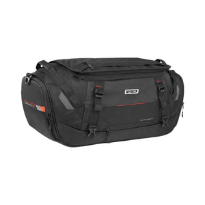 Motodrift Rynox Optimus 50L black motorcycle tail bag with durable polyester construction and compression straps