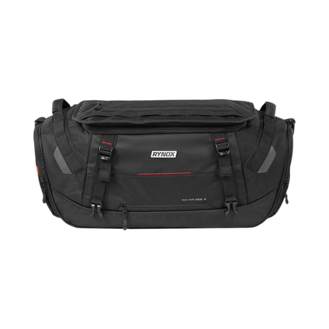 Motodrift Rynox Optimus 50L motorcycle tail bag in black with durable polyester construction and compression straps.